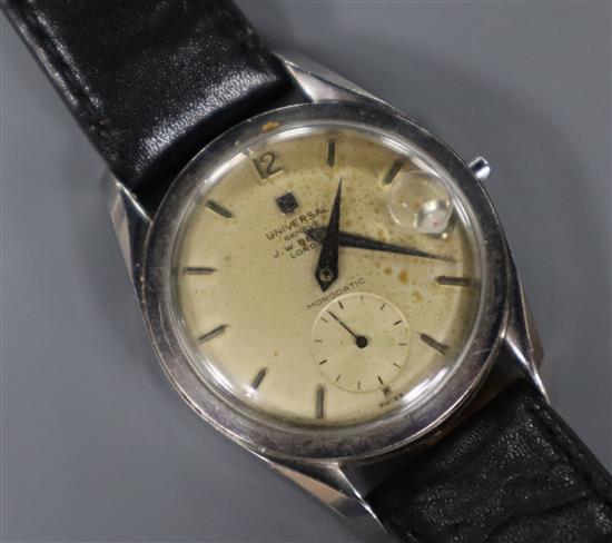 A gentlemans stainless steel Universal Monodatic manual wind wrist watch, retailed by J.W. Benson,